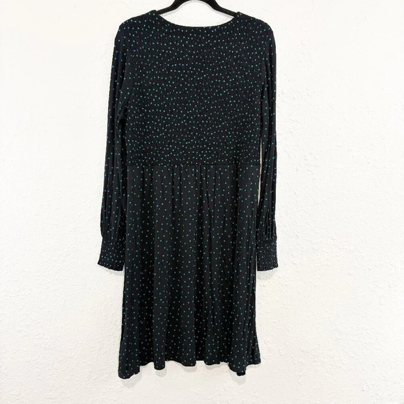 Boden Navy & Teal Polka Dot Smocked Long Sleeve Jersey Knit Dress Women's US 14L - Picture 3 of 11
